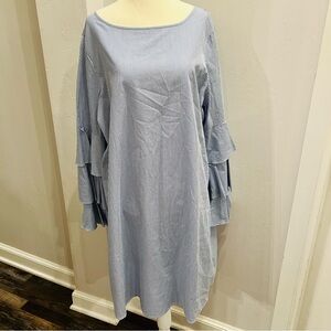 Philosophy Blue/White Striped Scoop Neck Long Sleeve Ruffled Dress- 14